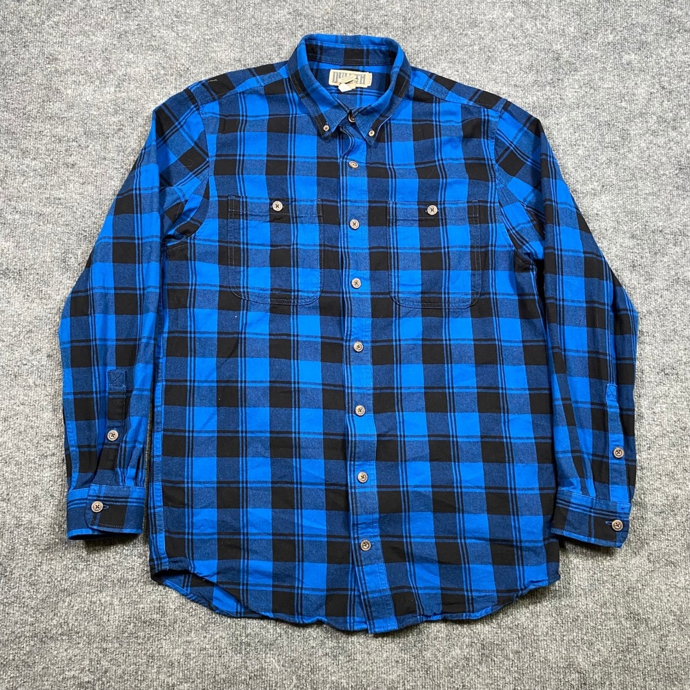 Duluth Trading Co Mens Blue Black Buffalo Check Flannel Shirt Trim Fit L Tall